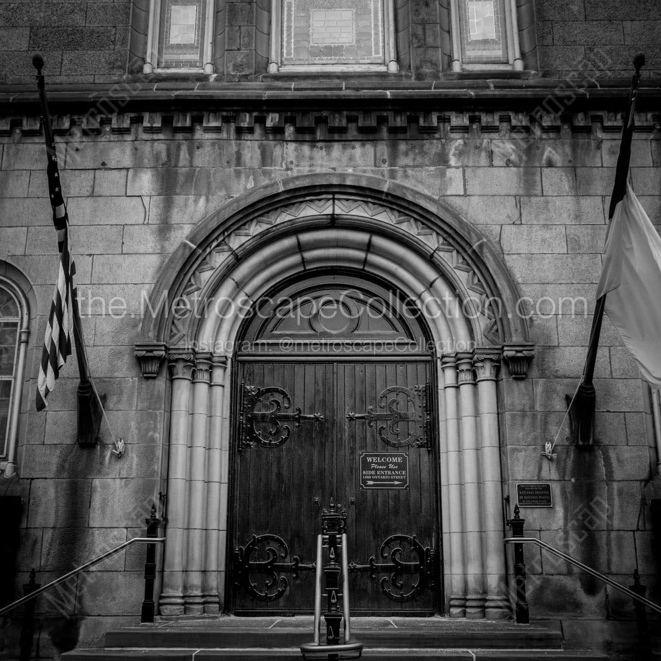 front door old stone church public square Black & White Office Art