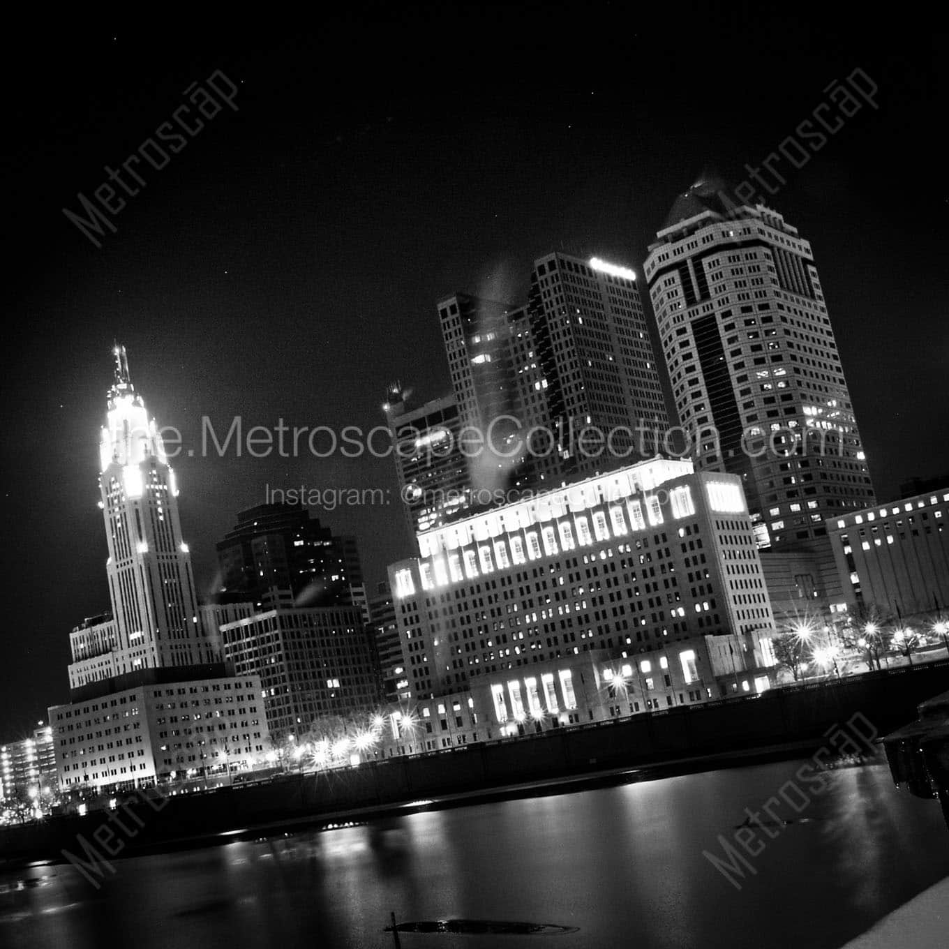 frozen scioto river at night Black & White Office Art