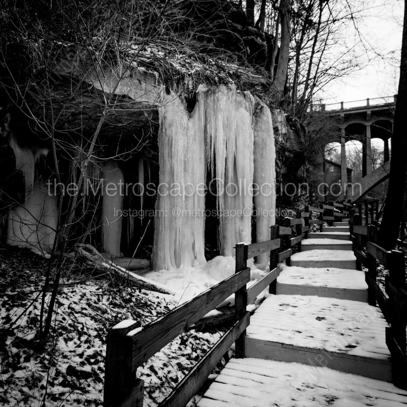 frozen waterfall at lantermans mill Black & White Office Art