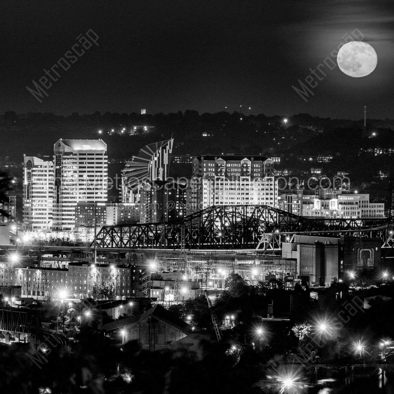 full moon over downtown covington kentucky skyline Black & White Office Art