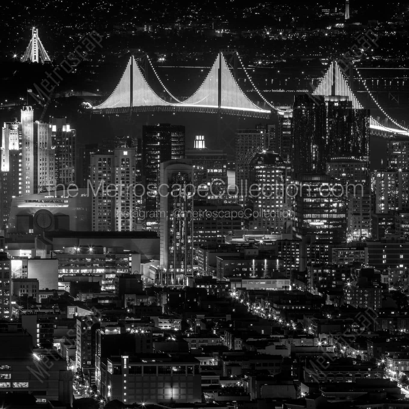 fully illuminated bay bridge night Black & White Office Art