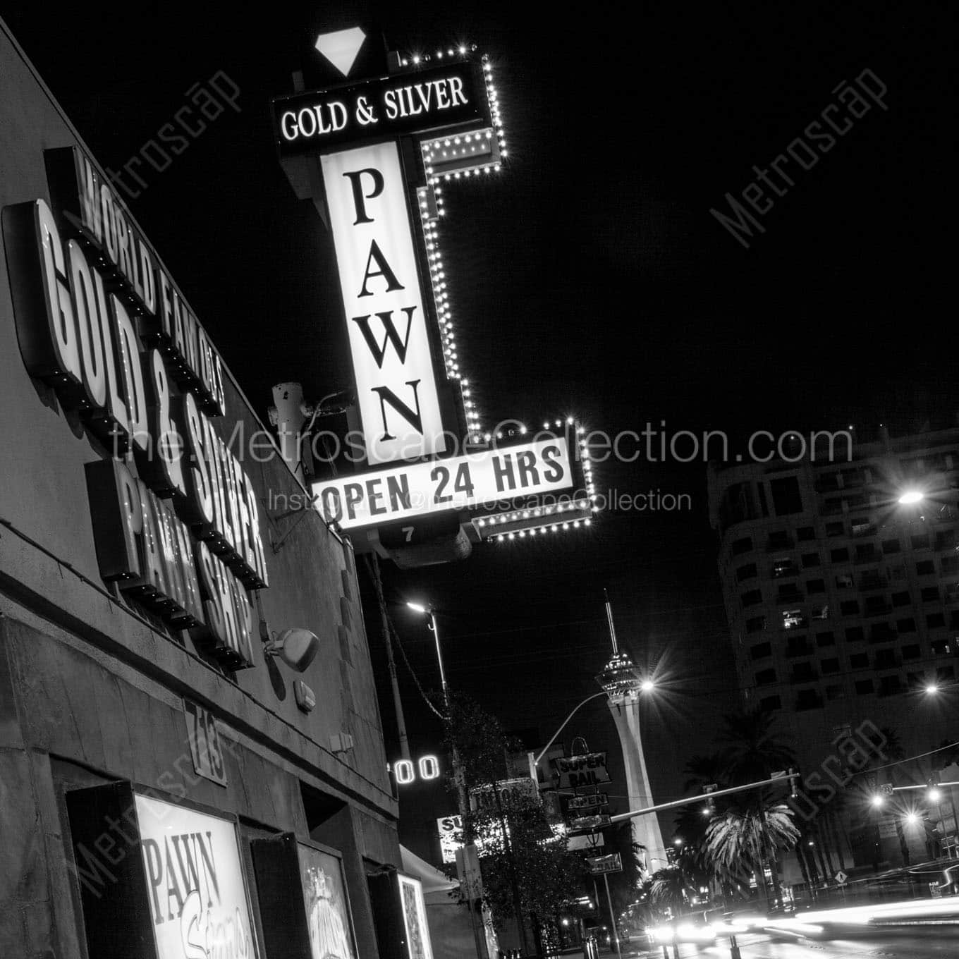 gold silver pawn shop at night Black & White Office Art