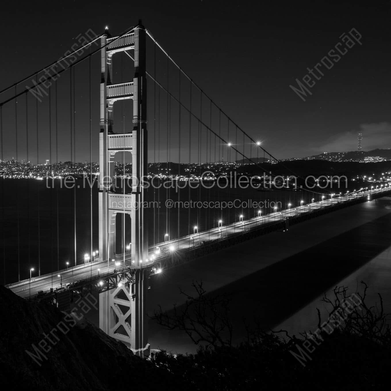 golden gate bridge night from marin headlands Black & White Office Art