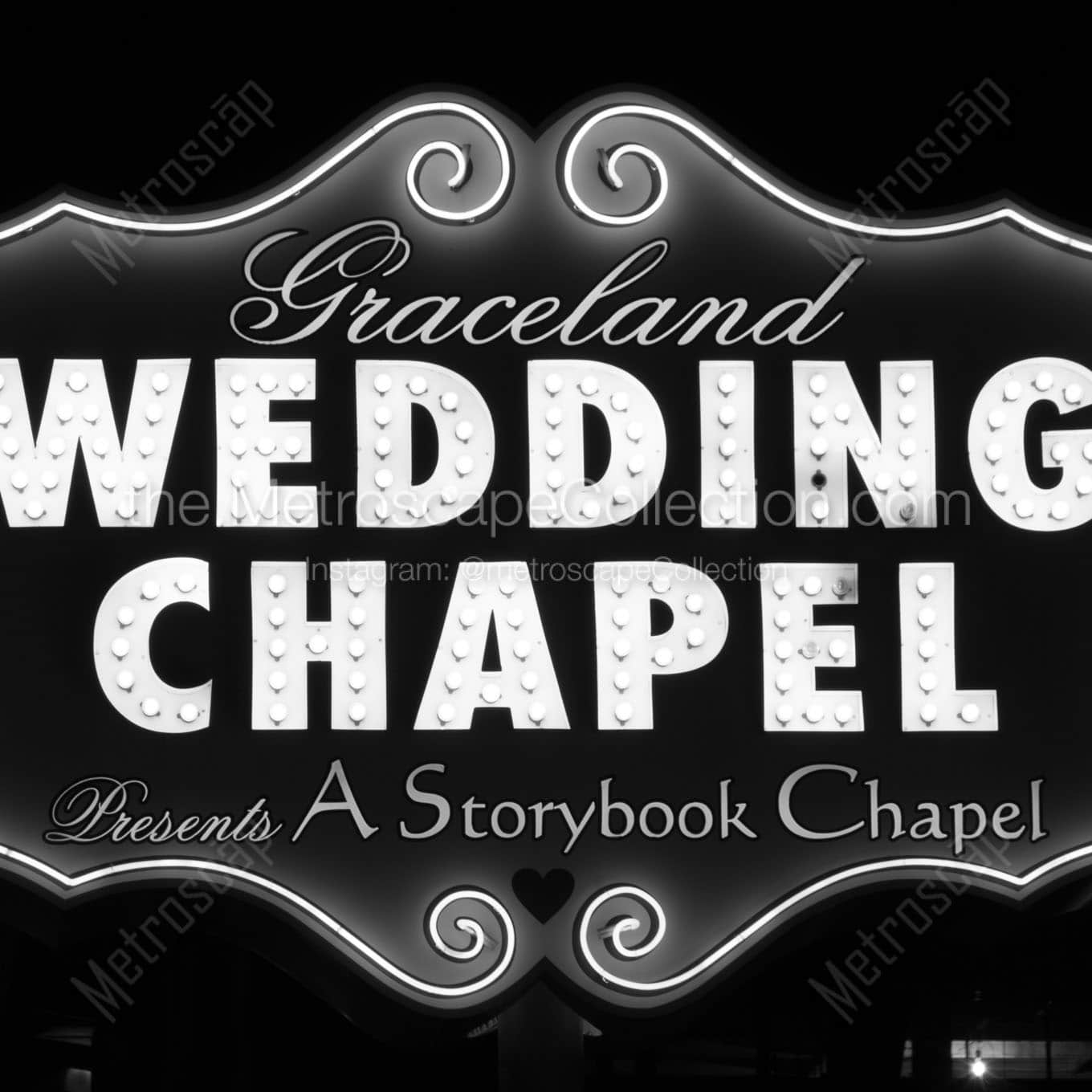 graceland wedding chapel at night Black & White Office Art