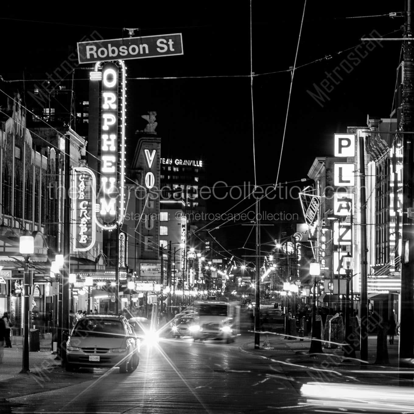 granville ave downtown vancouver at night Black & White Office Art
