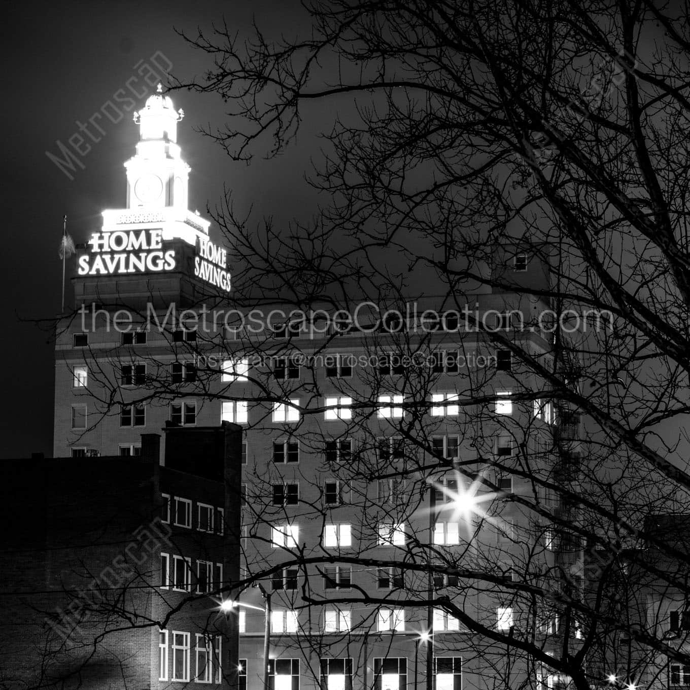 home savings bank building at night Black & White Office Art