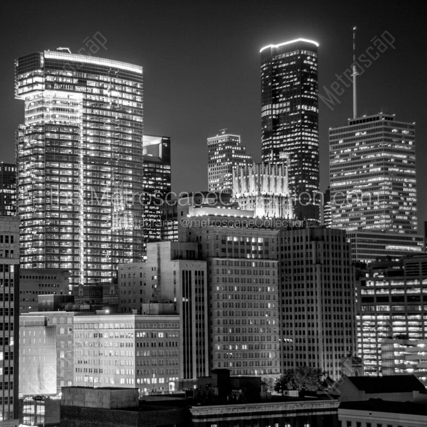 houston cityscape at night Black & White Wall Art