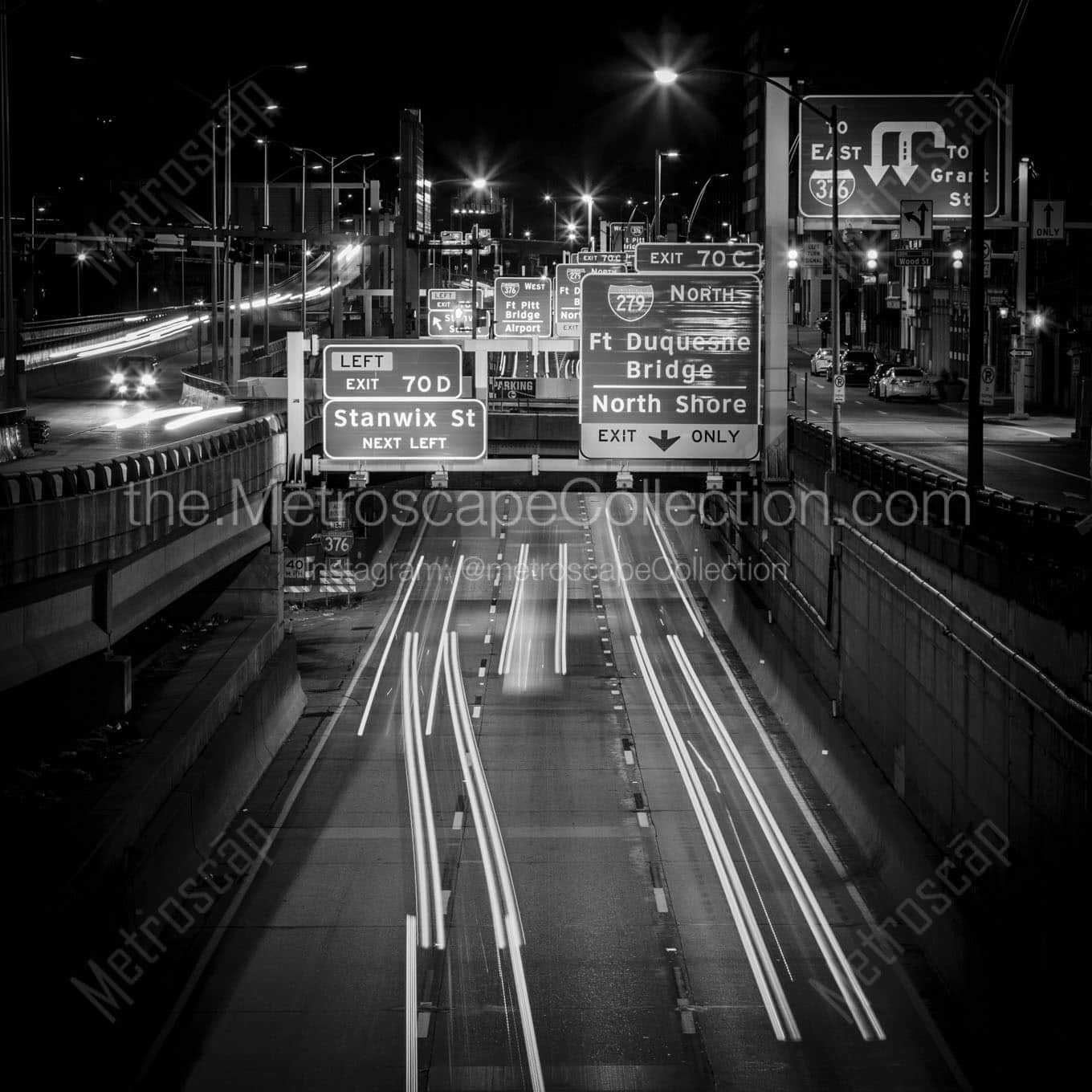 i 376 downtown pittsburgh at night Black & White Office Art