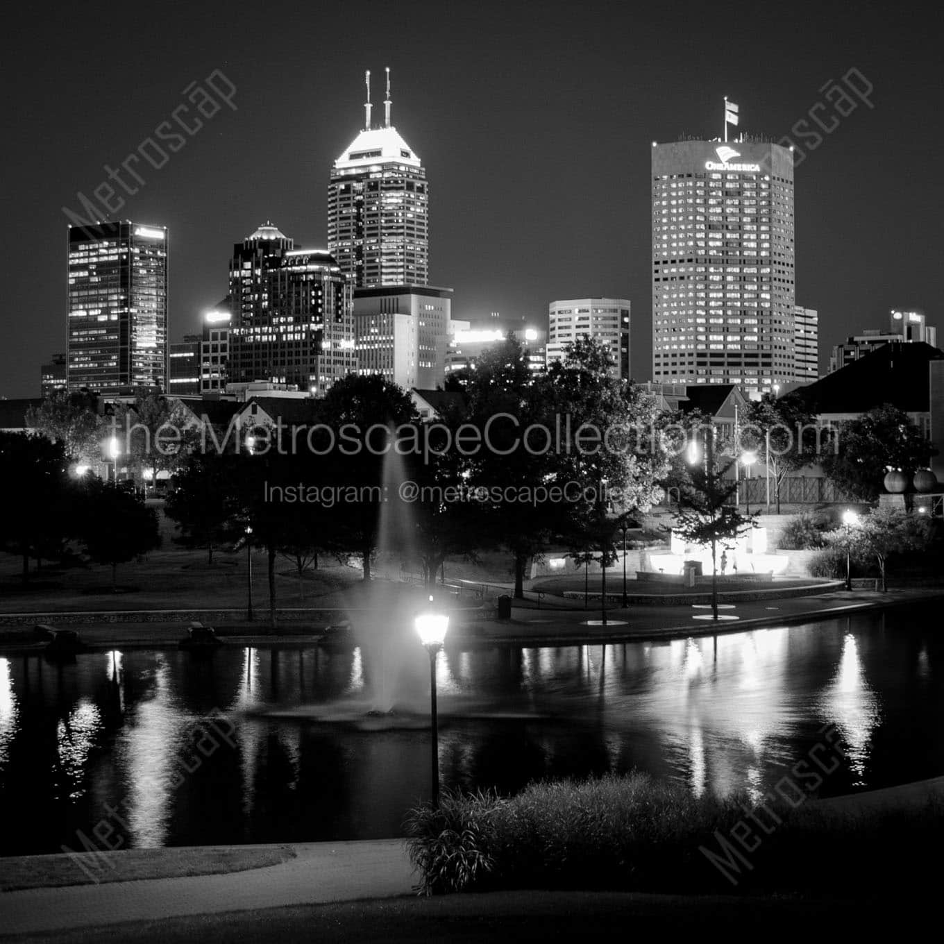 indy skyline at night canal walk Black & White Office Art