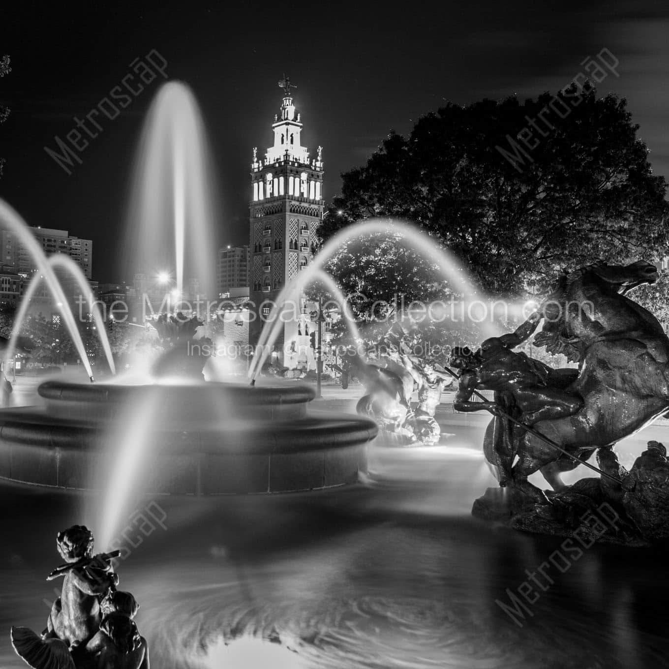 jc nichols fountain night Black & White Office Art