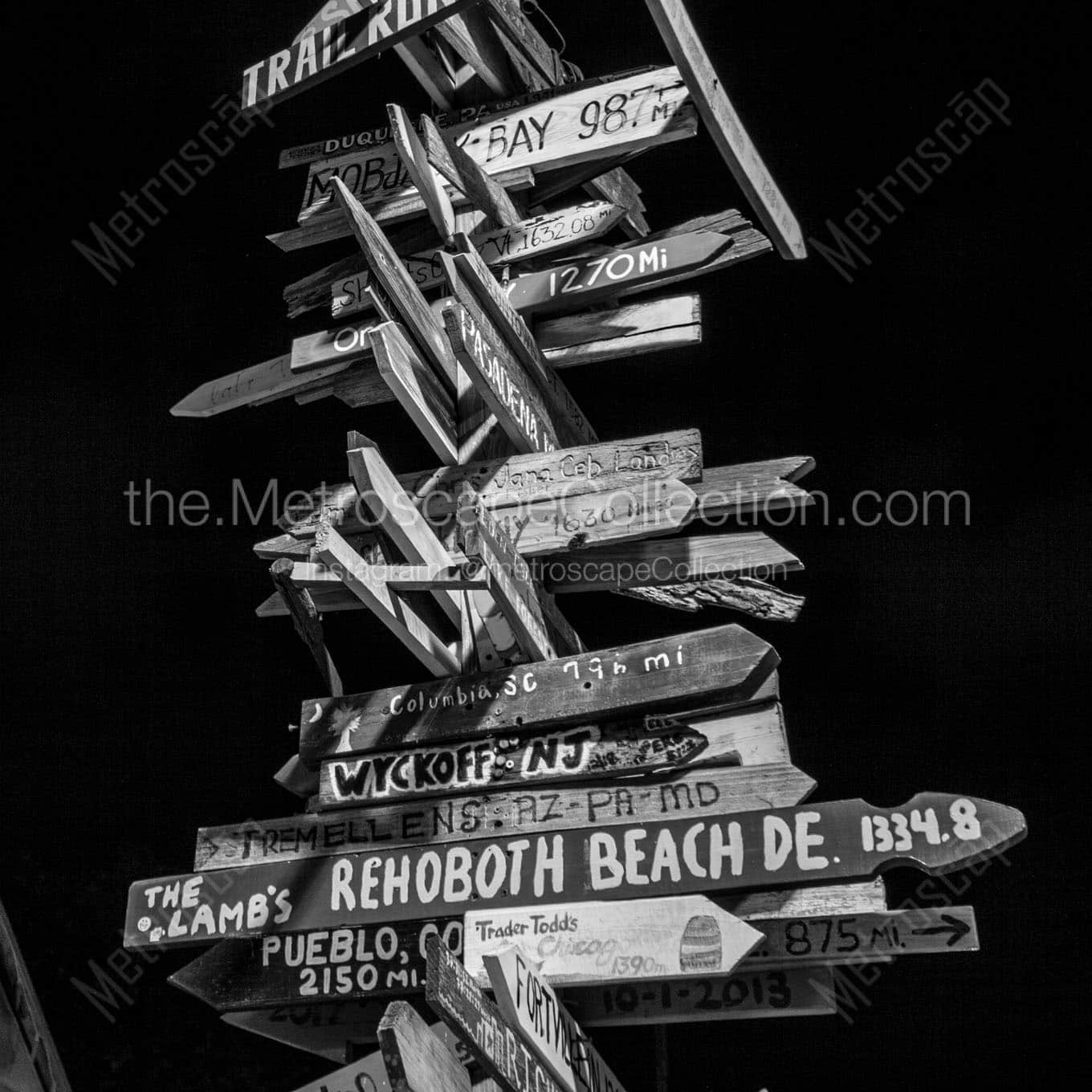 key west mileage sign post at night Black & White Office Art
