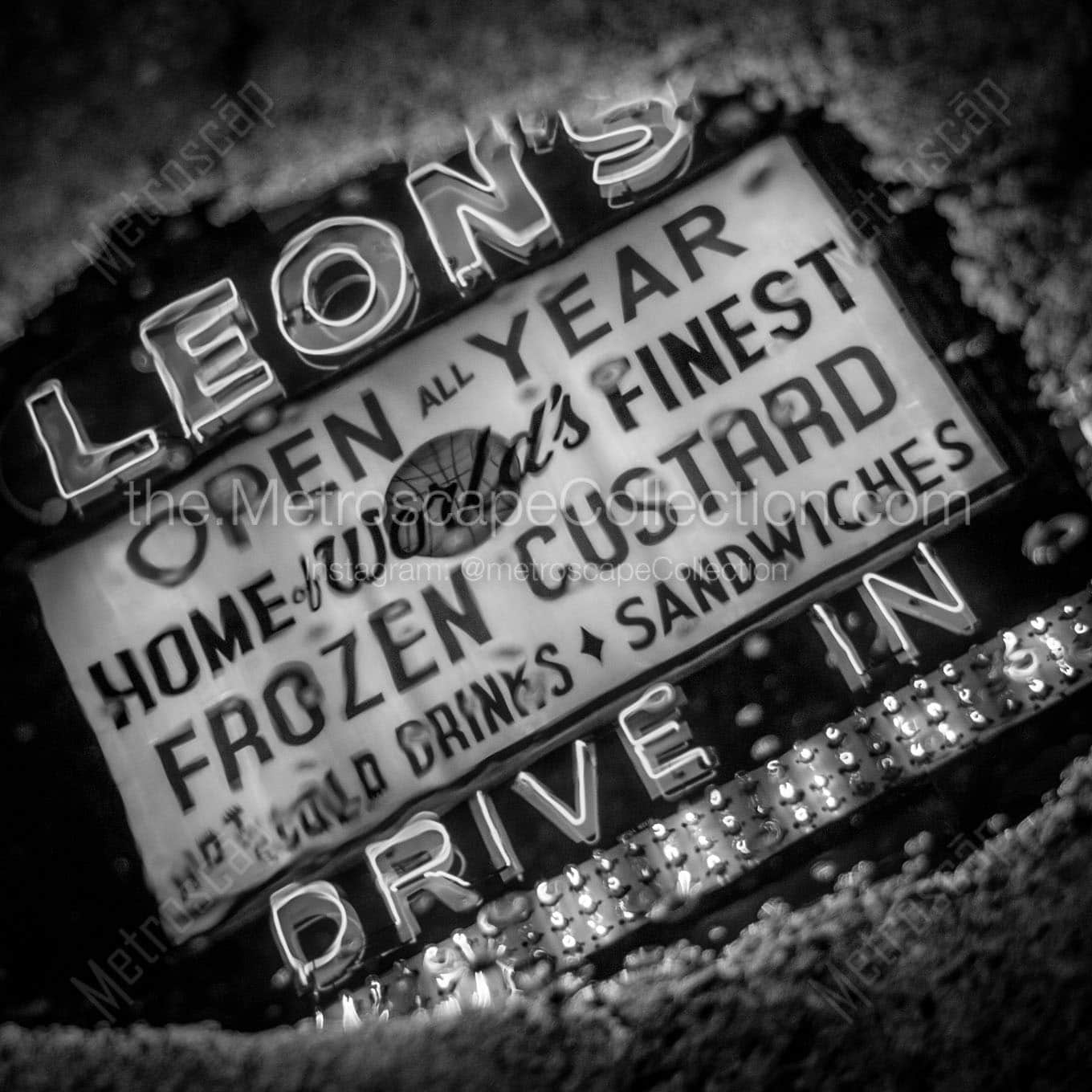 leons frozen custard sign in puddle Black & White Office Art