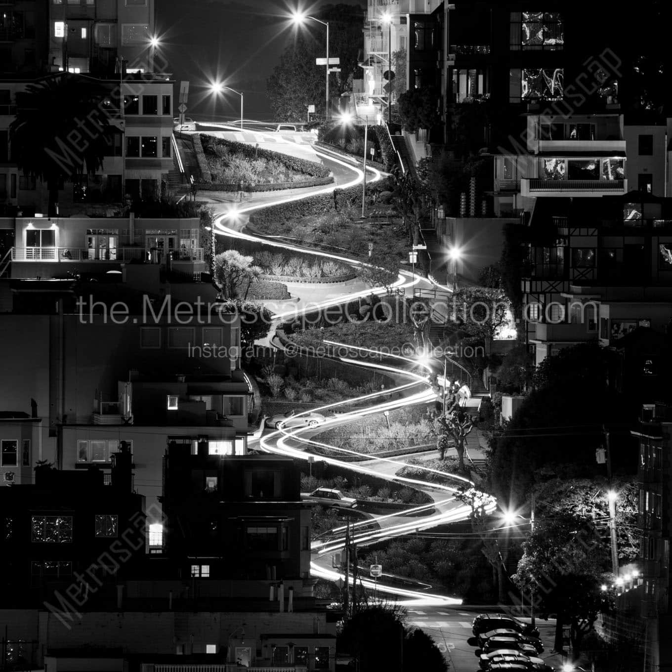 lombard street at night Black & White Office Art