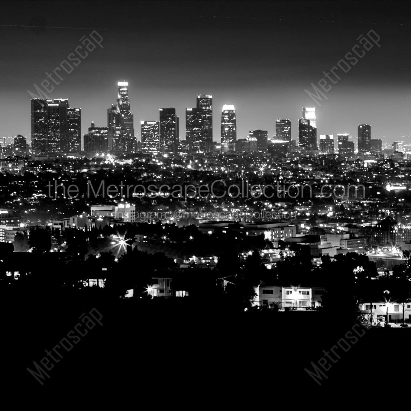 los angeles skyline at night from griffith park Black & White Office Art