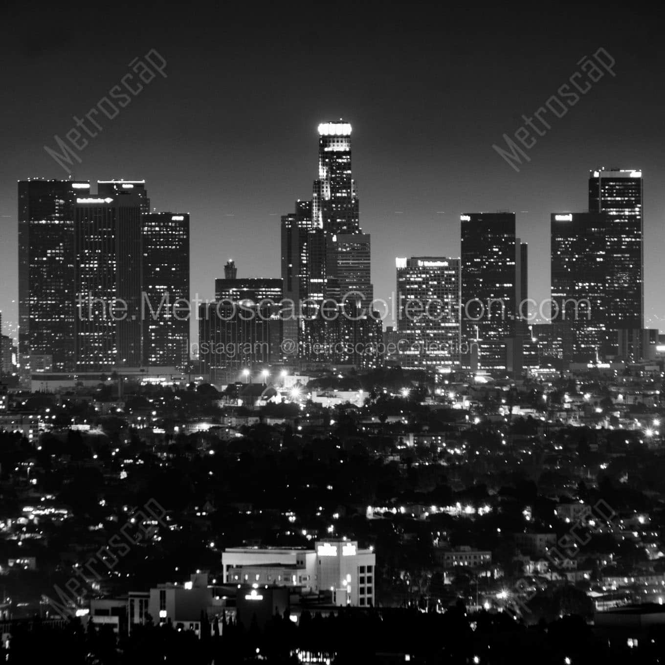 los angeles skyline from hollywood hills at night Black & White Office Art