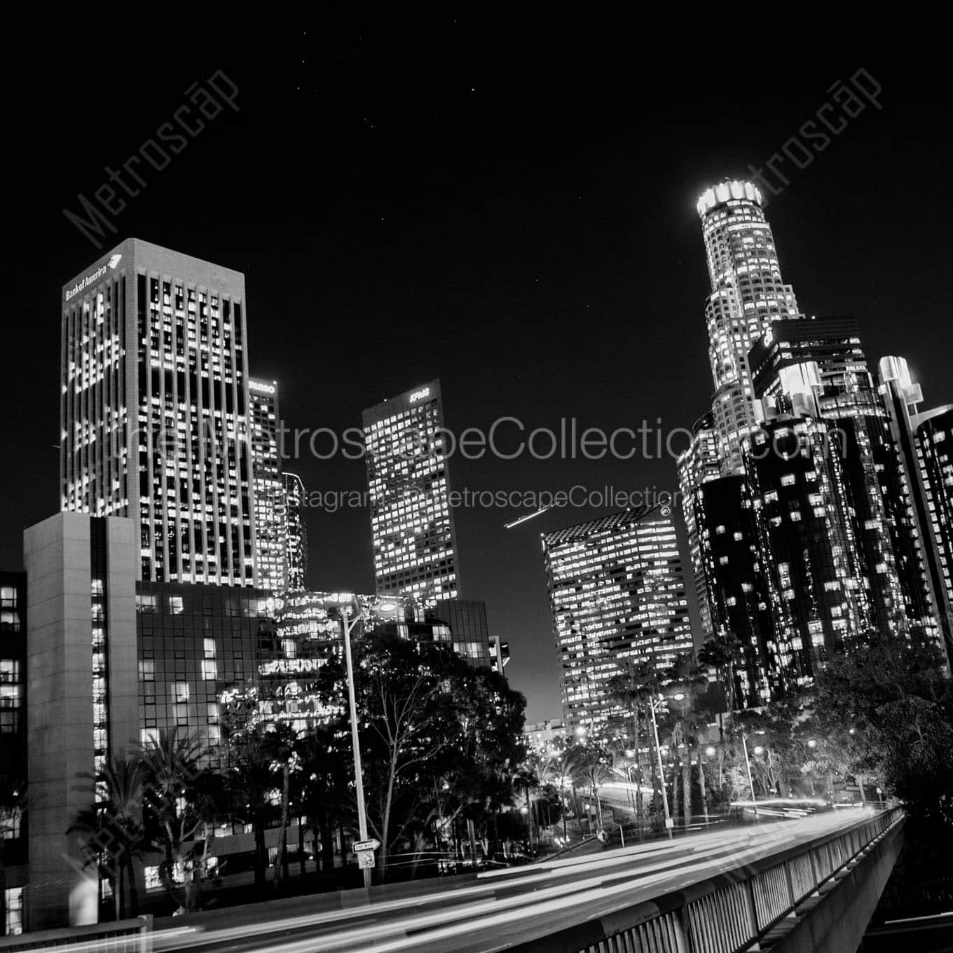 los angeles skyline us bank building bank america building at night Black & White Office Art