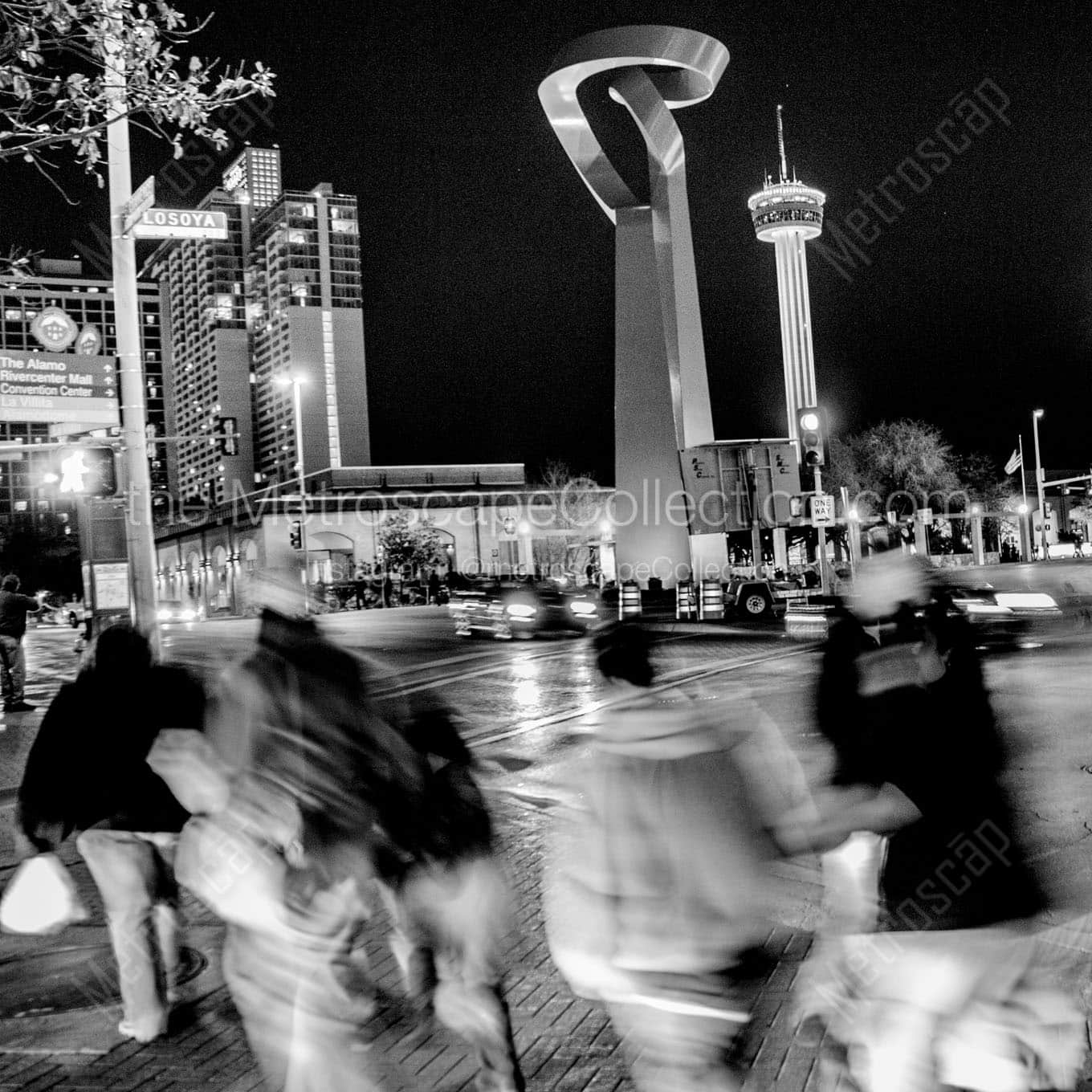 losoya street downtown san antonio at night Black & White Wall Art