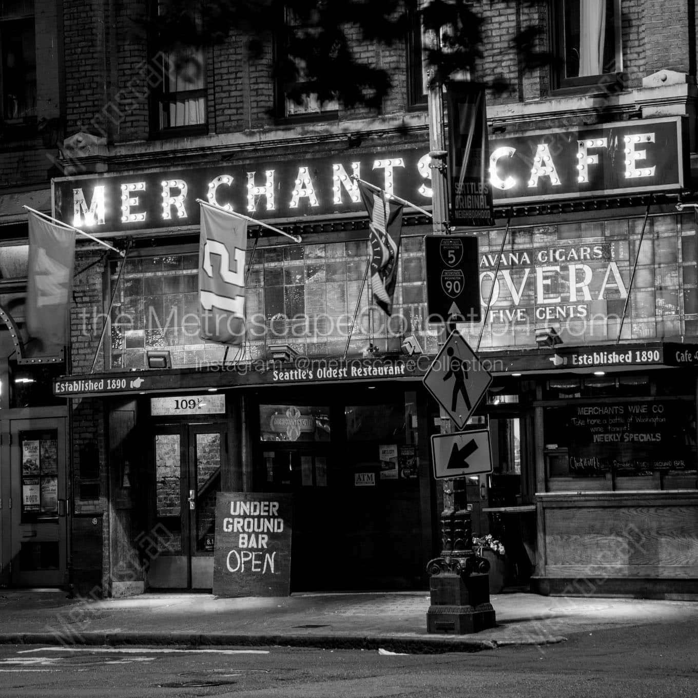 merchants cafe at night pioneer square Black & White Office Art