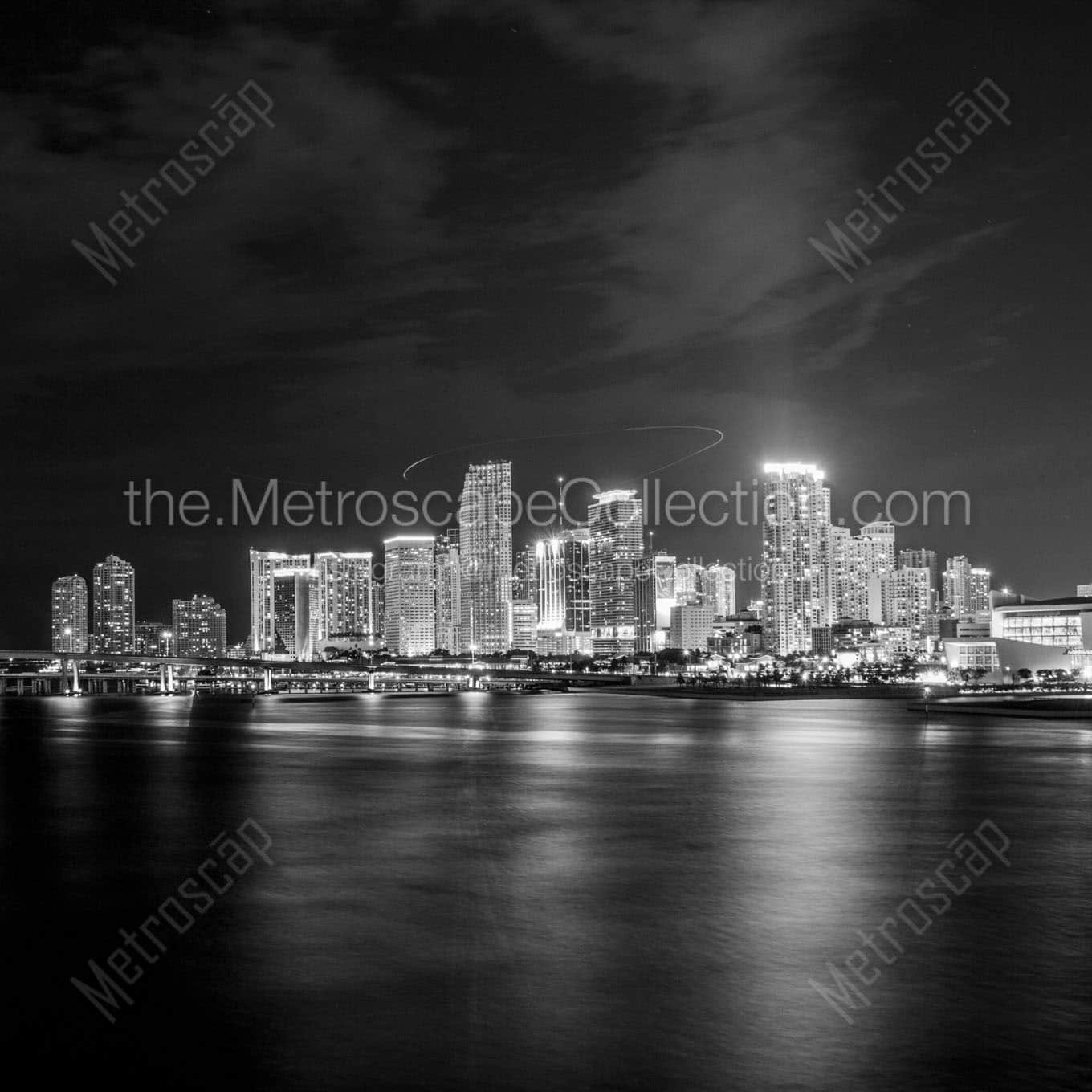 miami city skyline night macarthur causeway Black & White Office Art