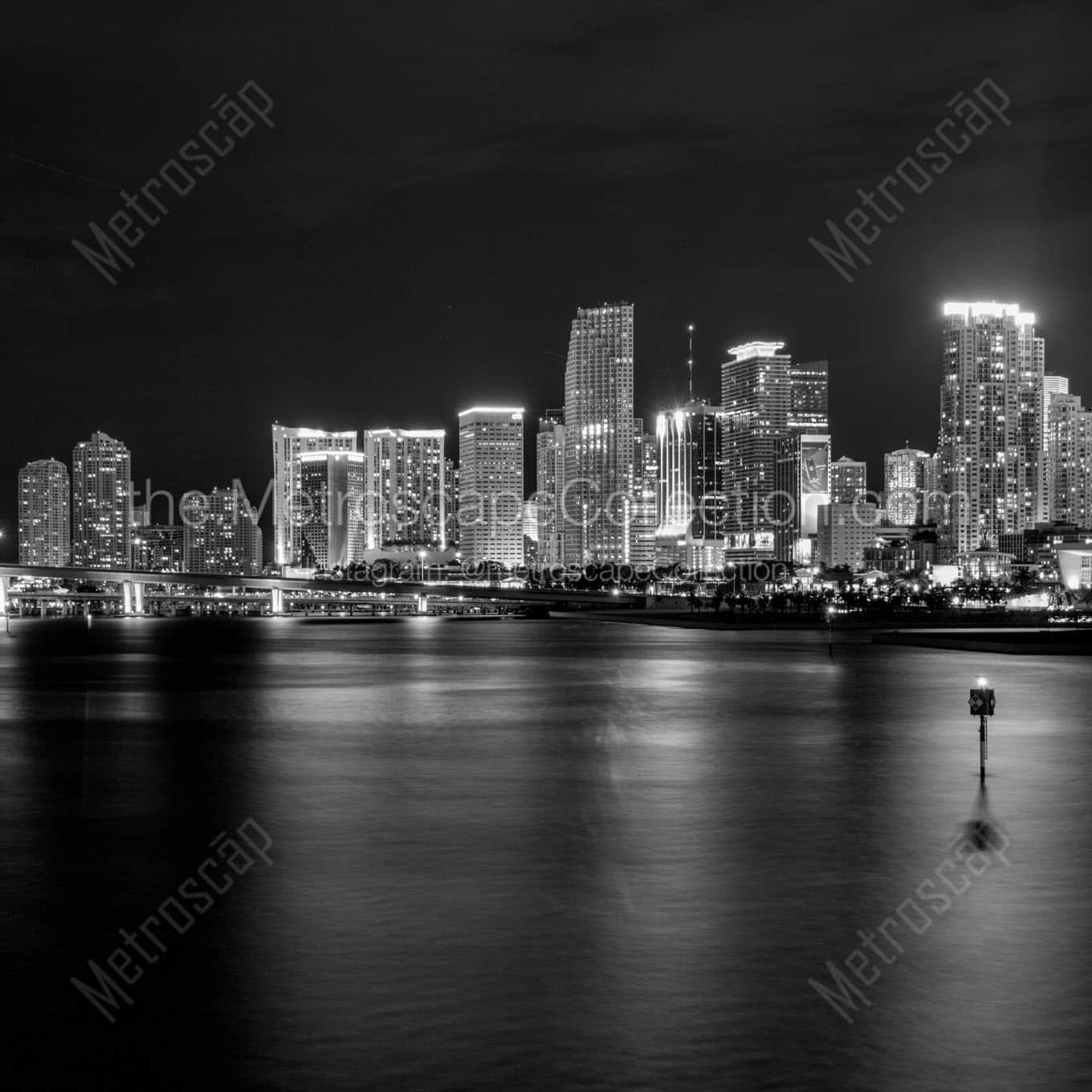 miami skyline at night biscayne bay Black & White Office Art