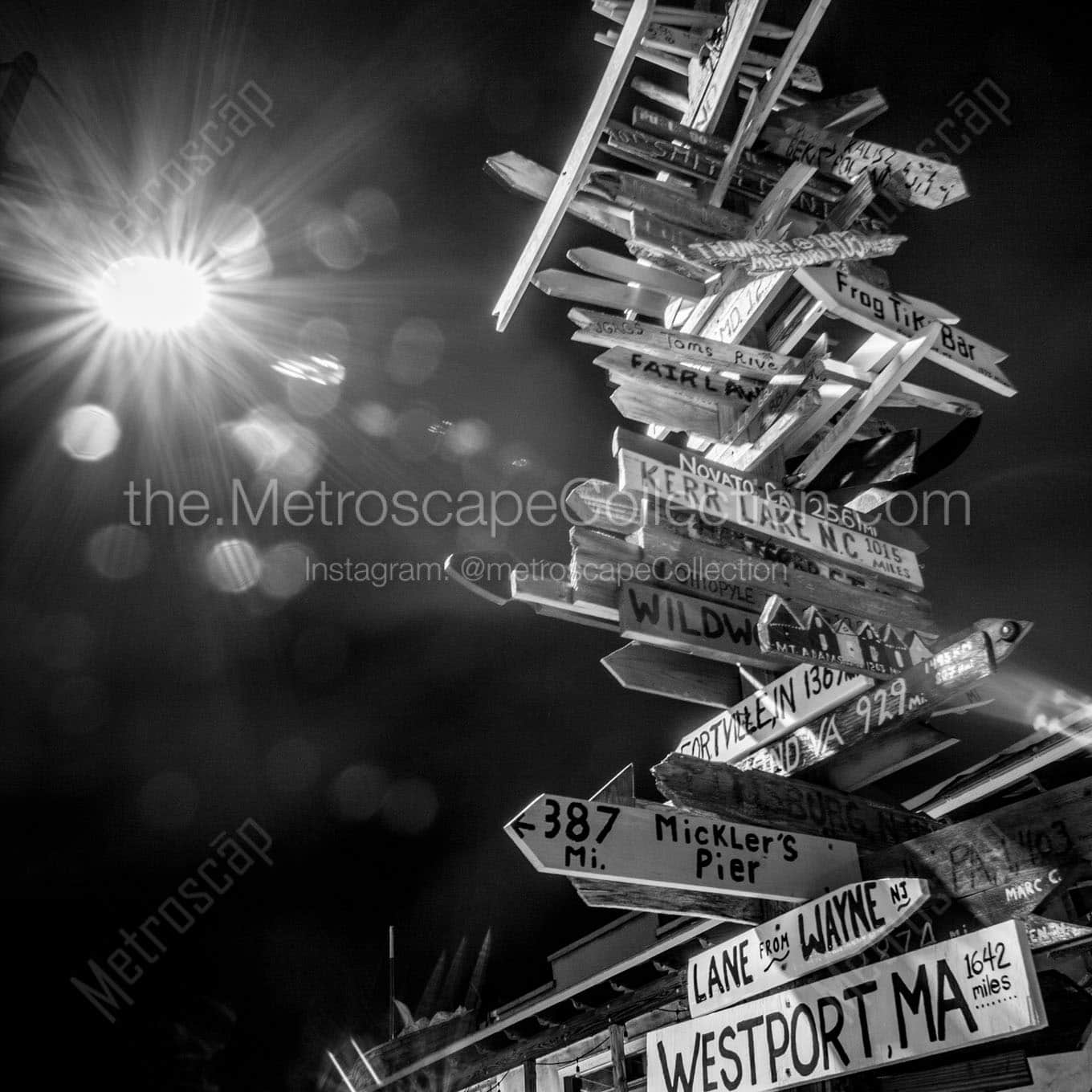 mileage sign post at night Black & White Office Art