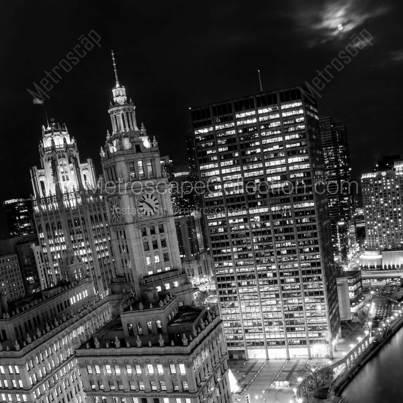 moonrise over downtown chicago at night Black & White Office Art