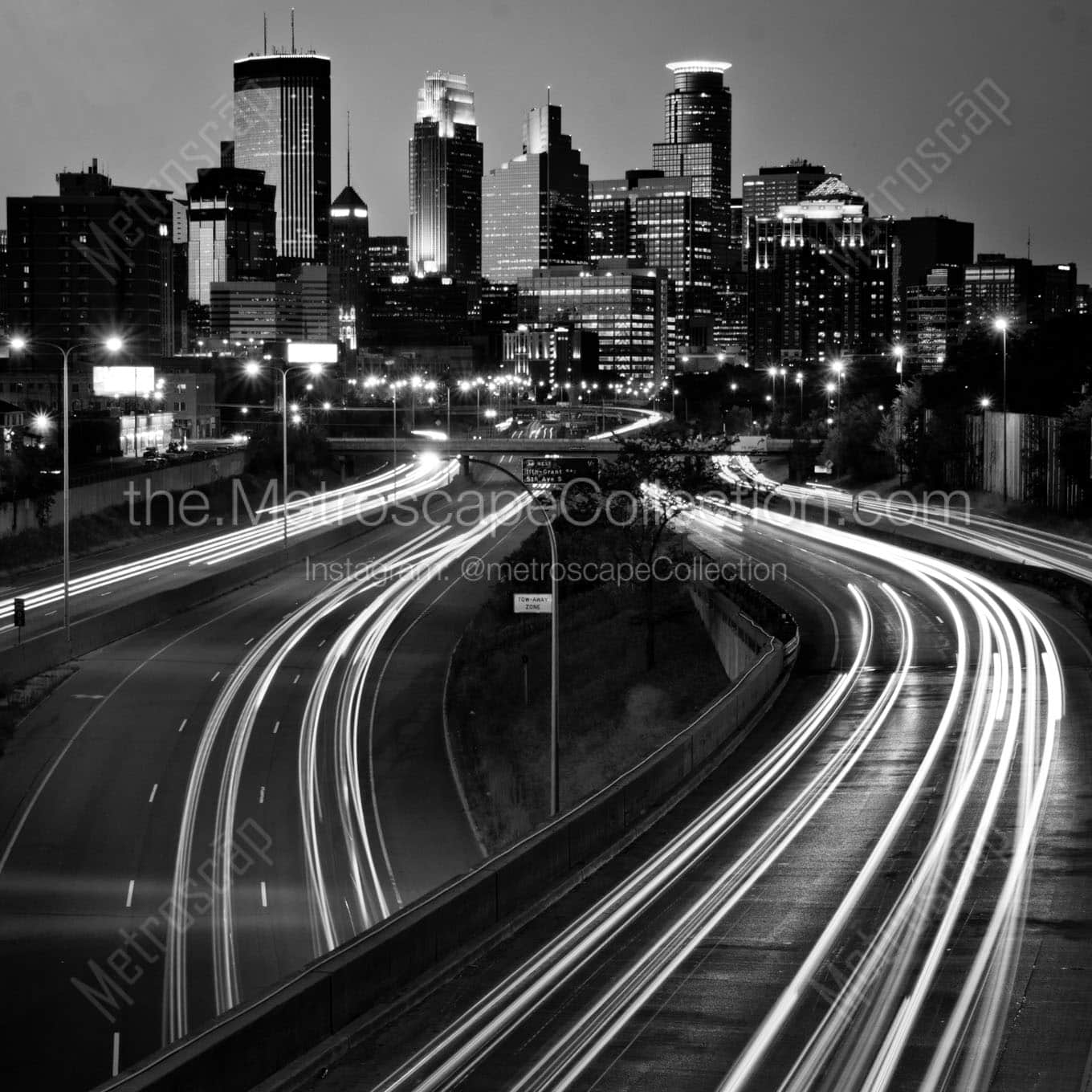 mpls skyline at night Black & White Office Art