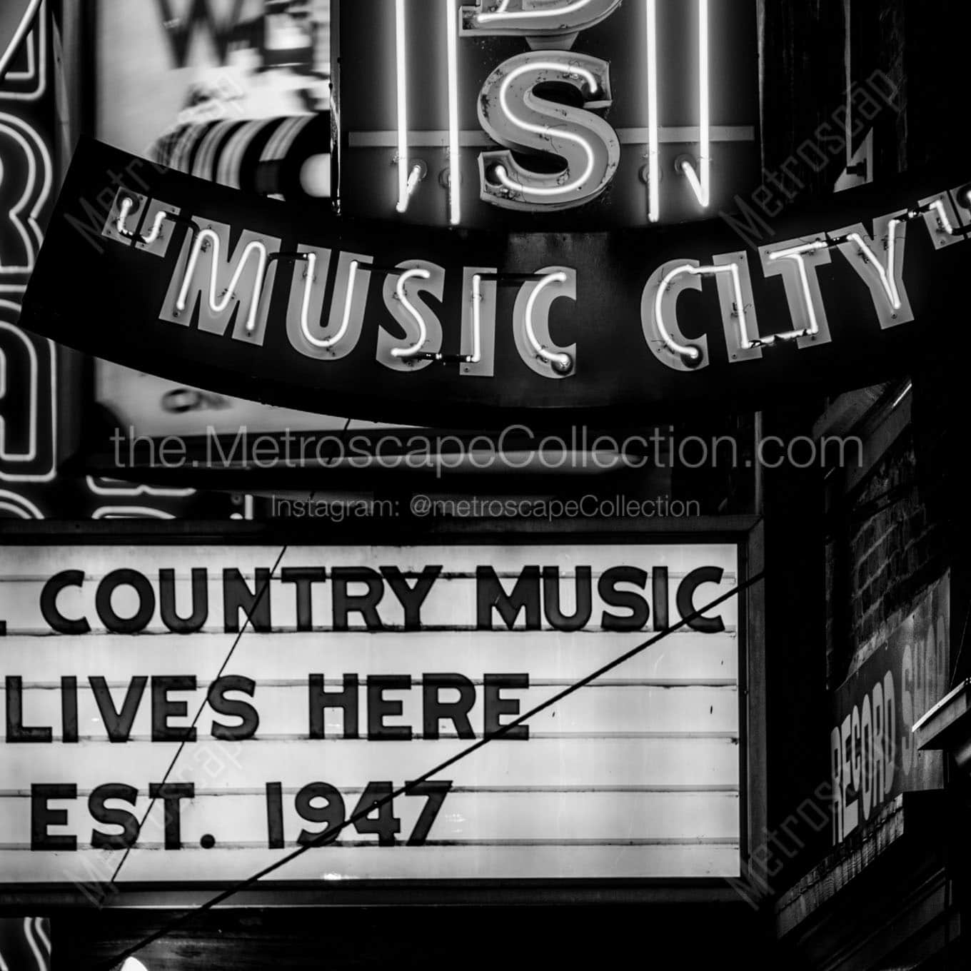 music city country music sign Black & White Office Art
