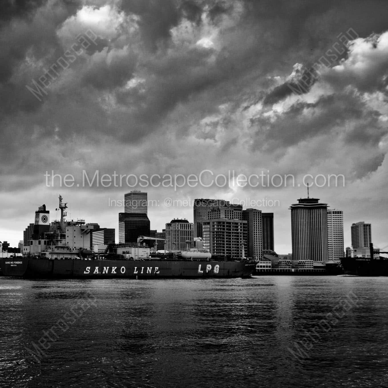 new orleans skyline mississippi river barge Black & White Office Art