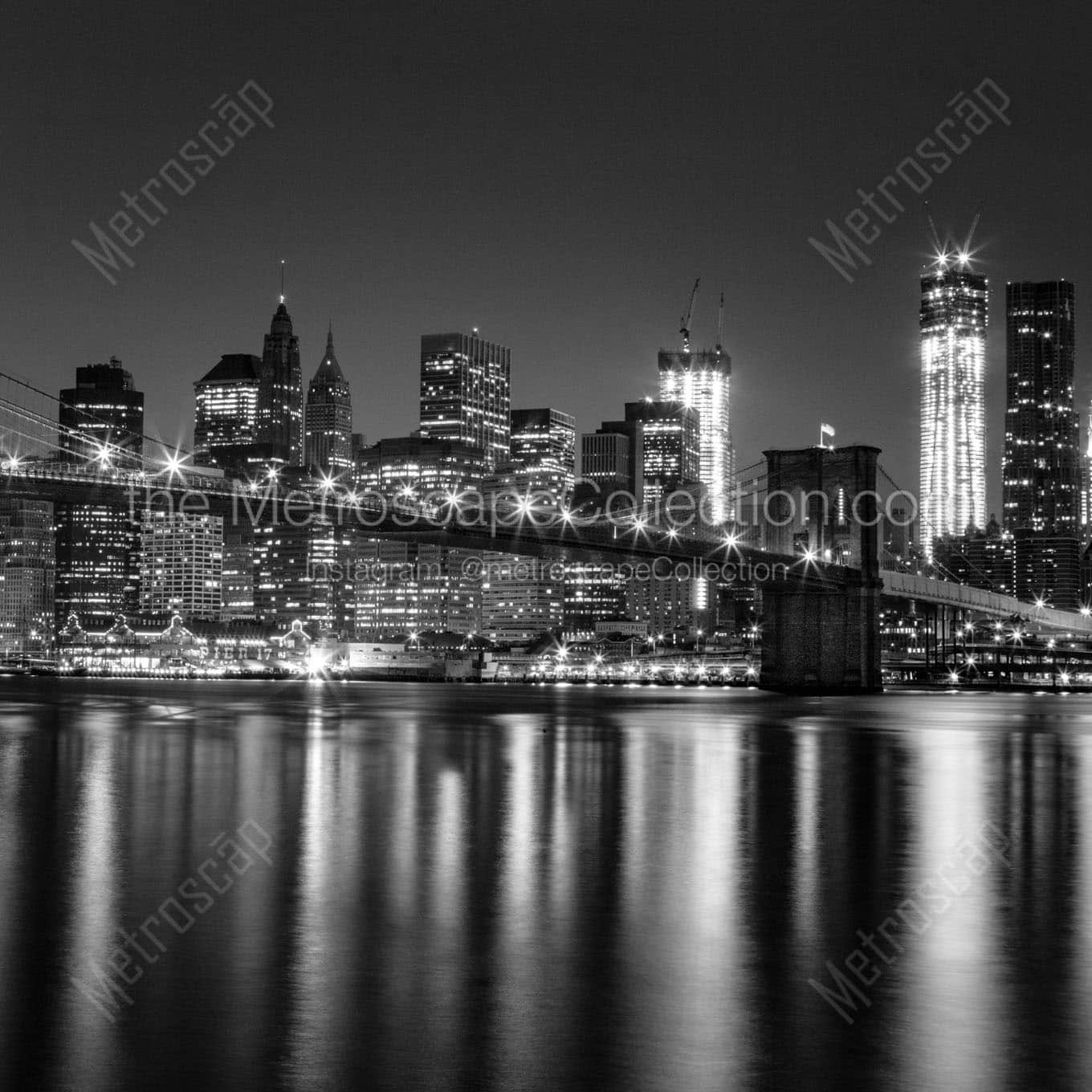 new york city skyline with brooklyn bridge at night Black & White Office Art