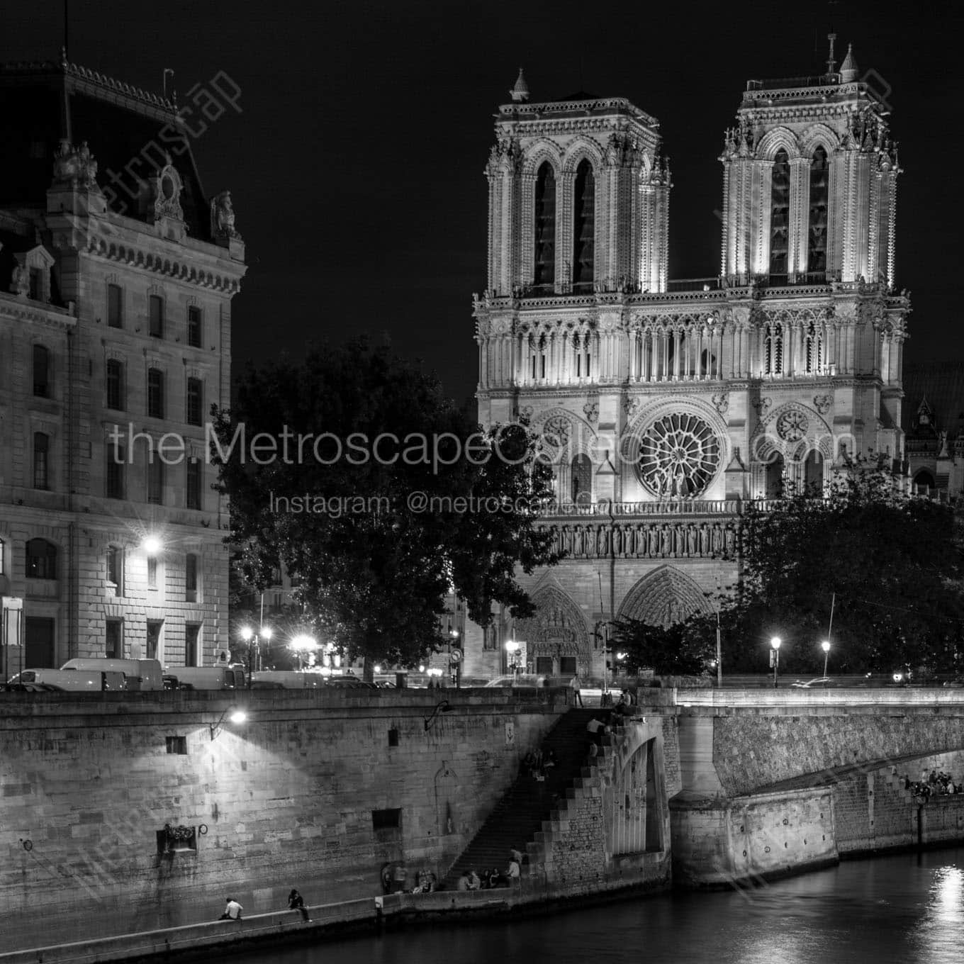 notre dame de paris at night Black & White Office Art