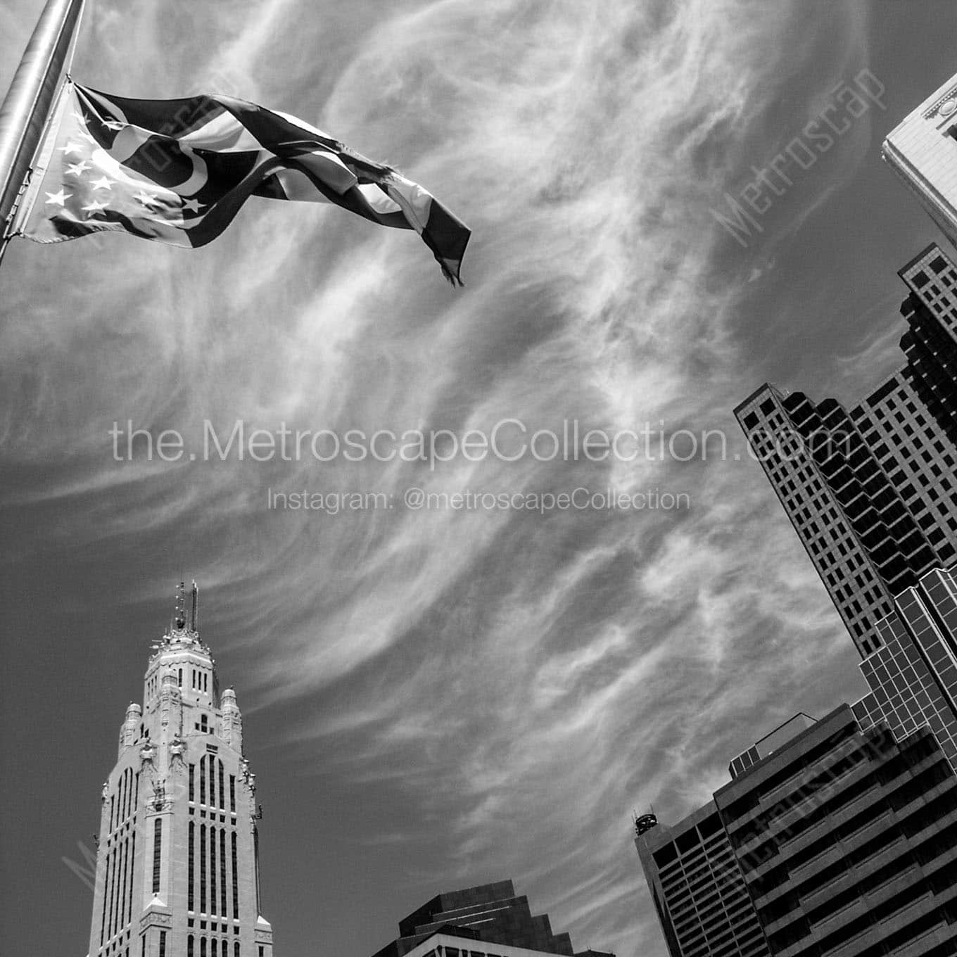 ohio flag waves above columbus skyline Black & White Office Art