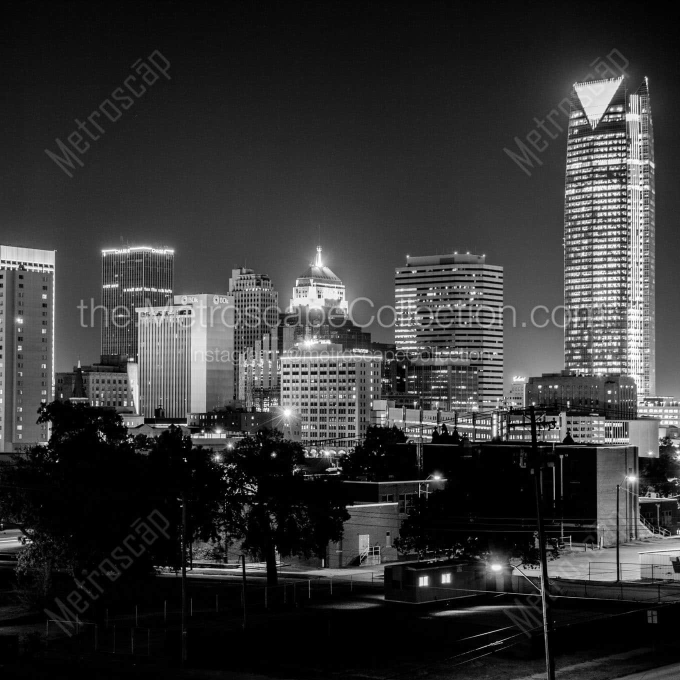 okc skyline at night Black & White Office Art