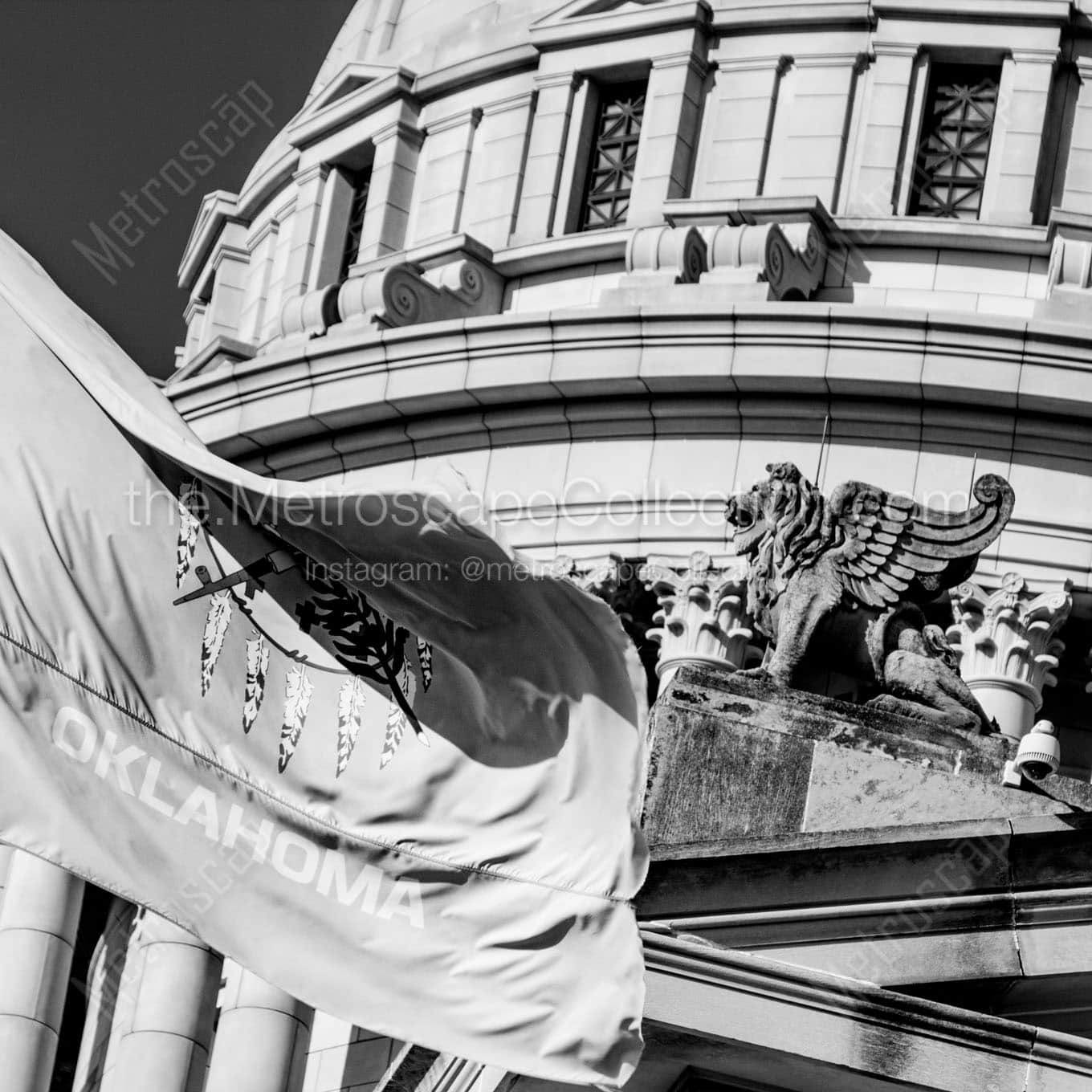 oklahoma flag and griffin on capitol building Black & White Office Art