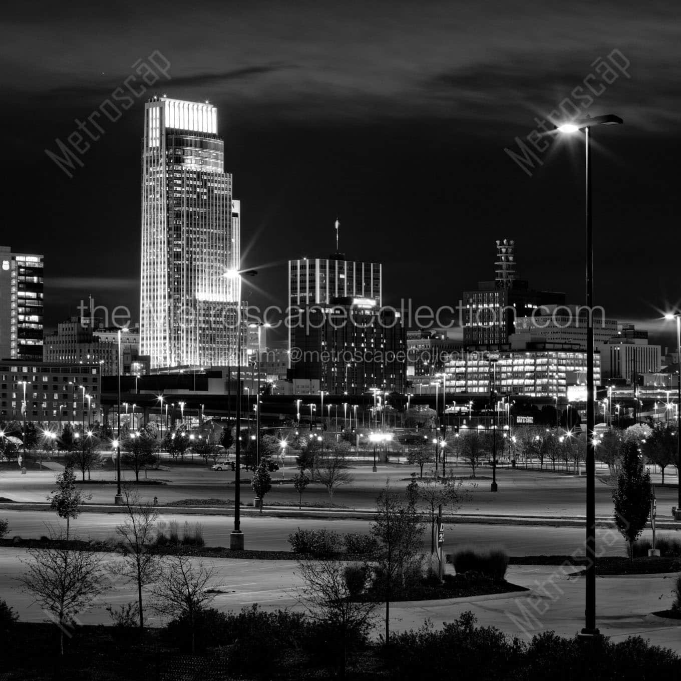 omaha nebraska skyline at night Black & White Office Art