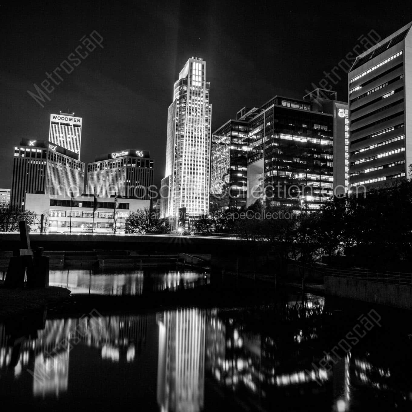 omaha nebraska skyline at night Black & White Office Art