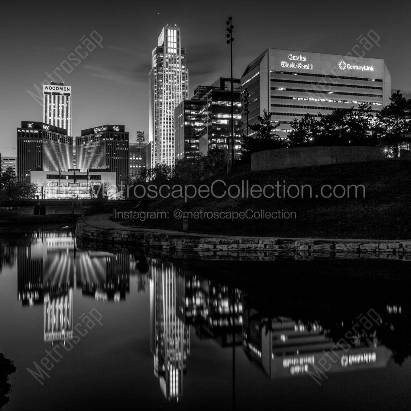 omaha skyline at night gene leahy mall Black & White Office Art