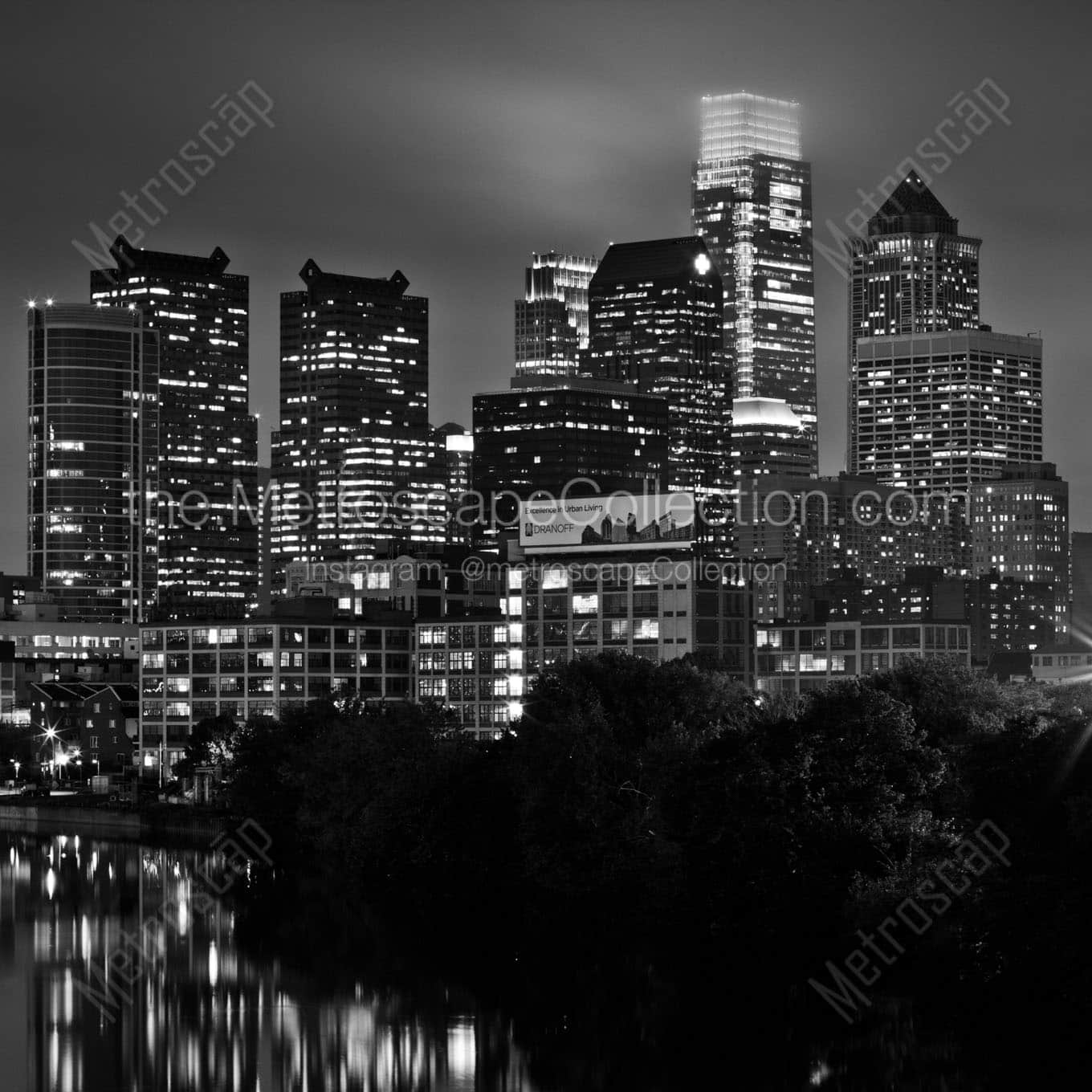 philadelphia city skyline at night Black & White Office Art