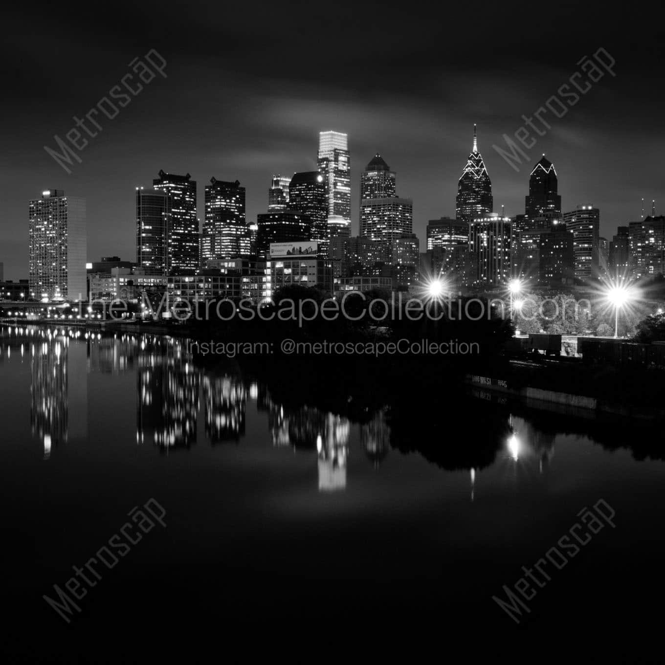 philadelphia pa skyline at night south street Black & White Office Art