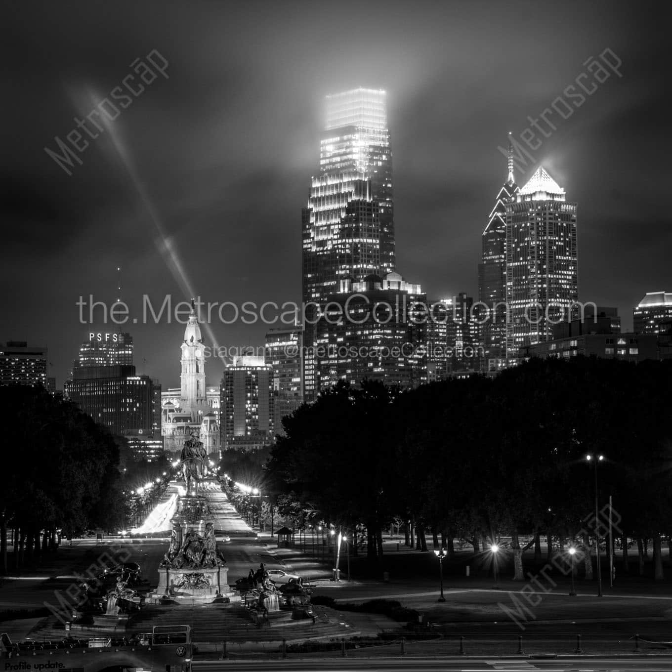 philadelphia skyline at night from art museum Black & White Office Art