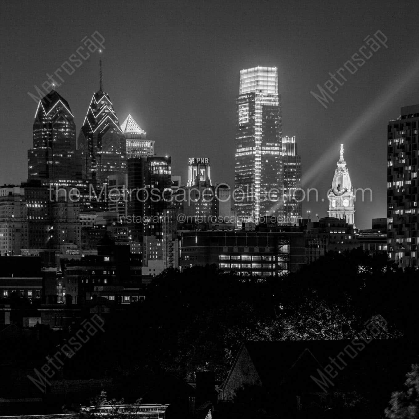 philadelphia skyline at night headhouse square Black & White Office Art