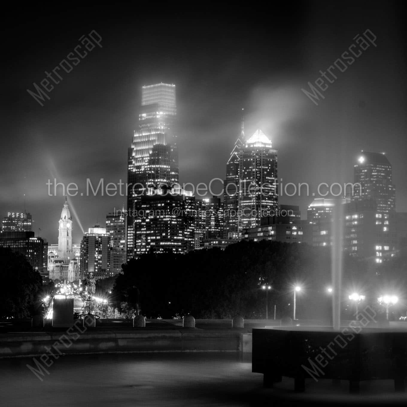 philadelphia skyline from art museum at night Black & White Office Art