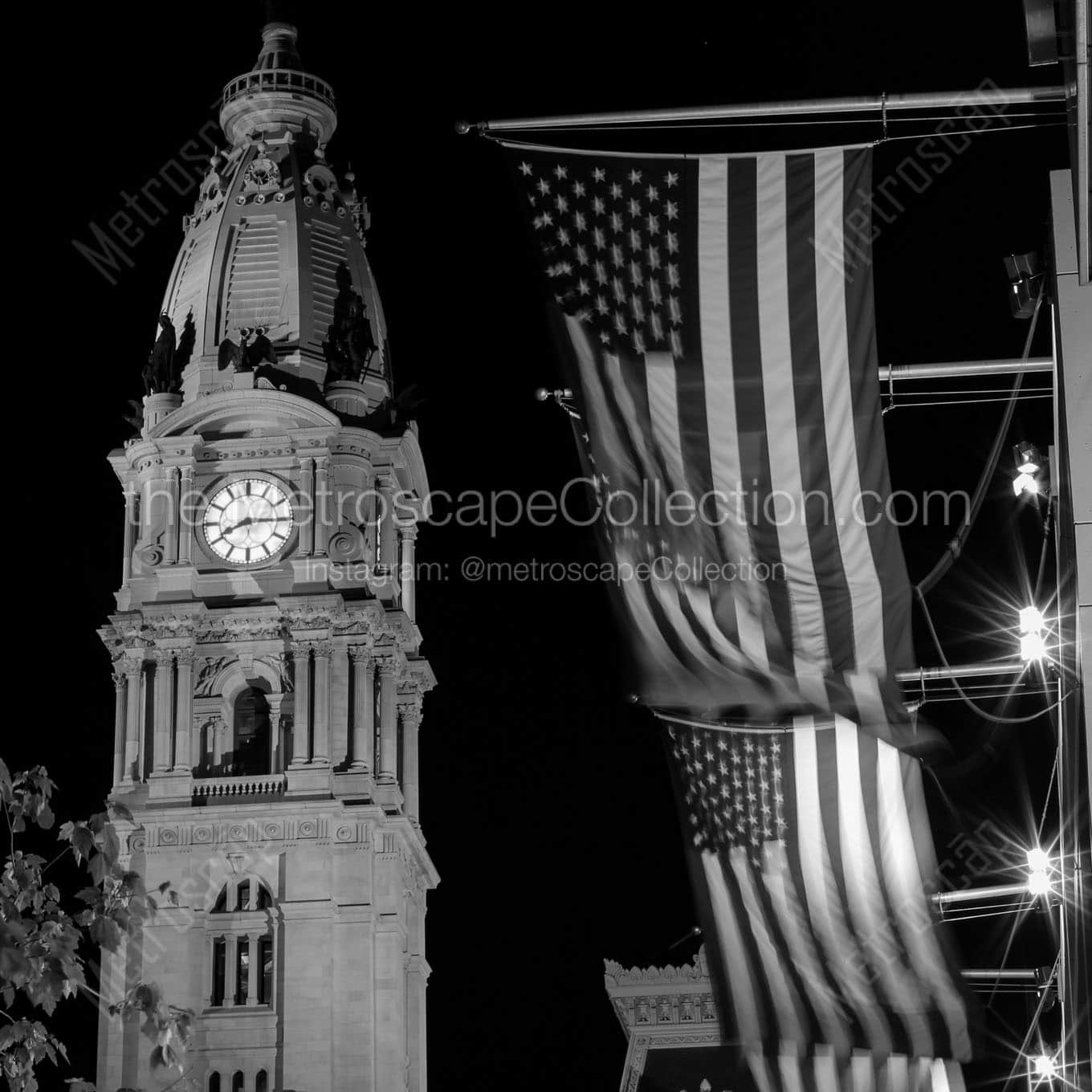 philly city hall and us flags at night Black & White Office Art
