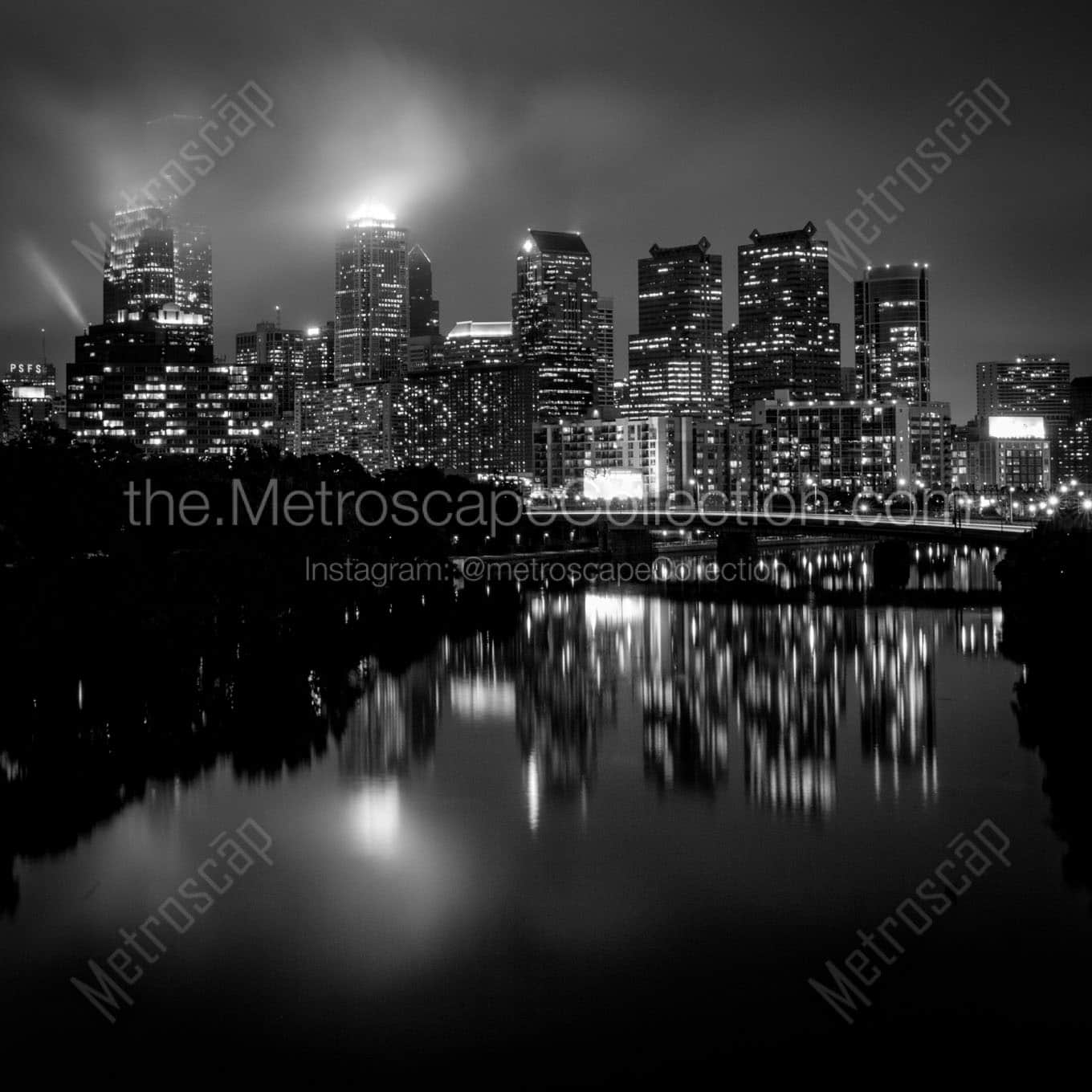 philly city skyline at night foggy Black & White Office Art