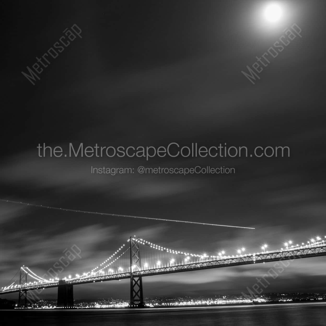plane over bay bridge night full moon Black & White Office Art