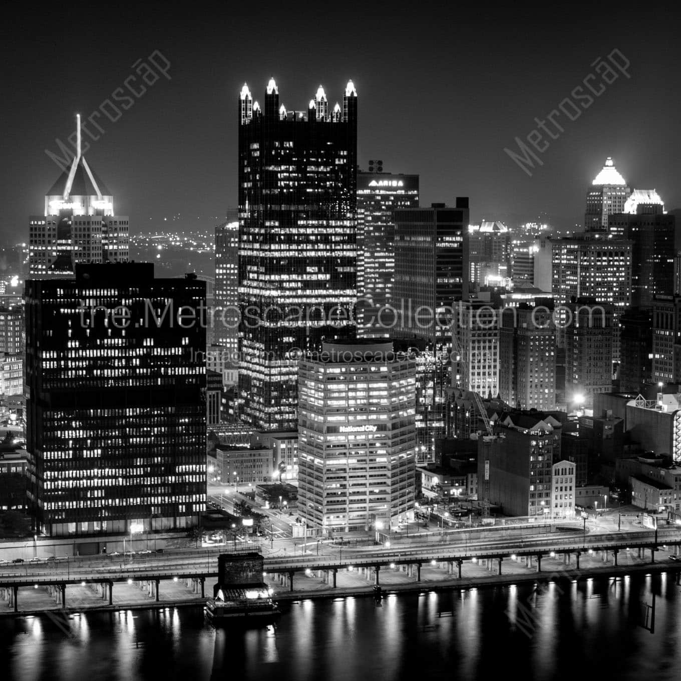 ppg building pittsburgh skyline at night Black & White Office Art