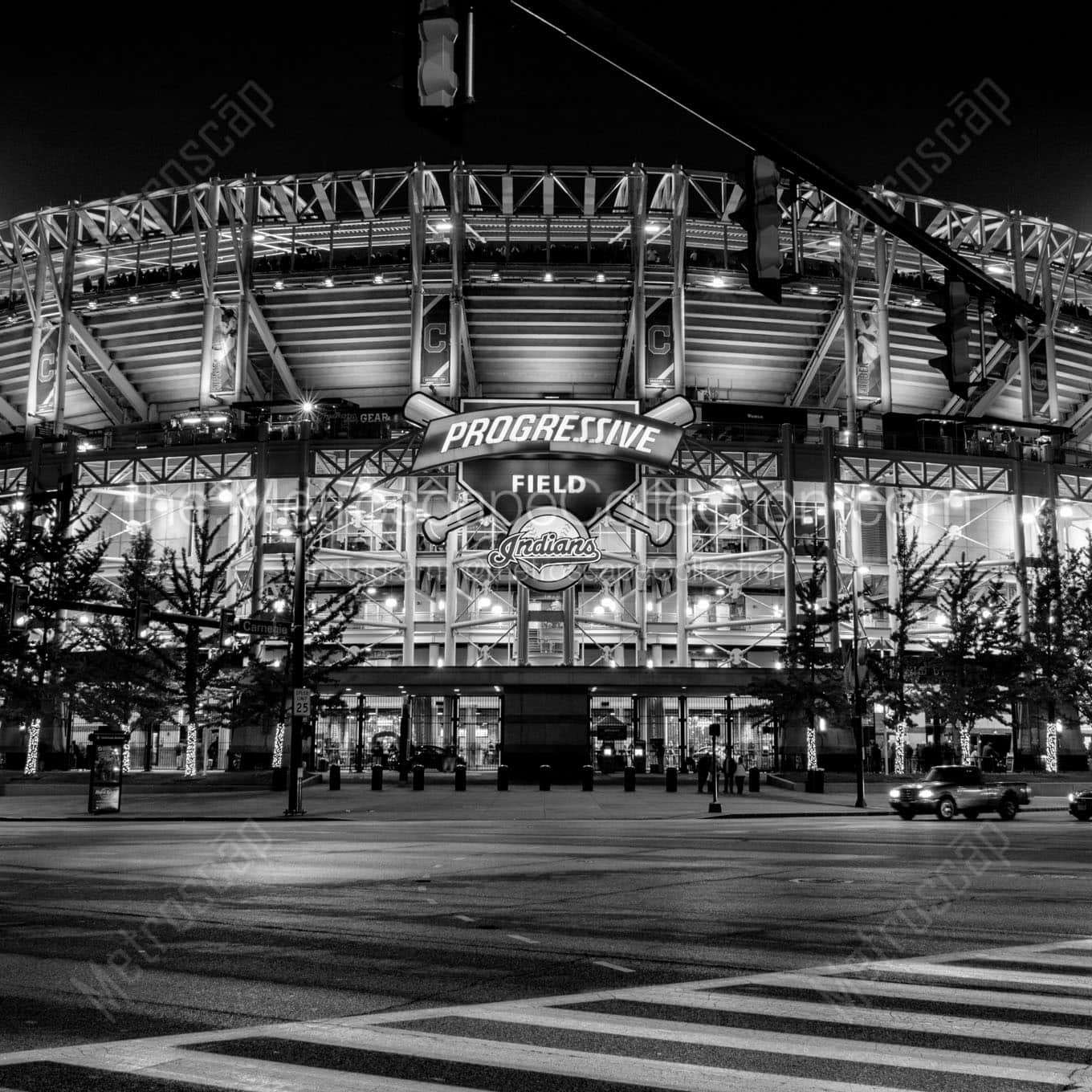 progressive field at night 2016 world series Black & White Office Art