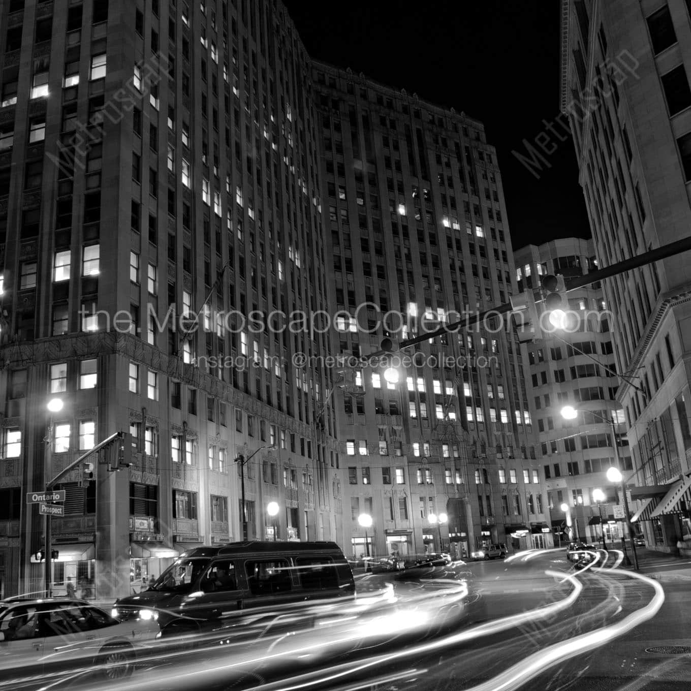 prospect ontario traffic downtown cleveland at night Black & White Office Art