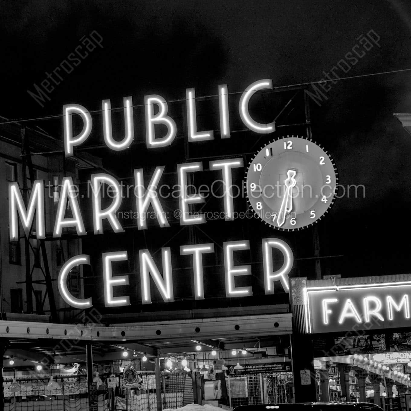 public market center sign at night Black & White Office Art