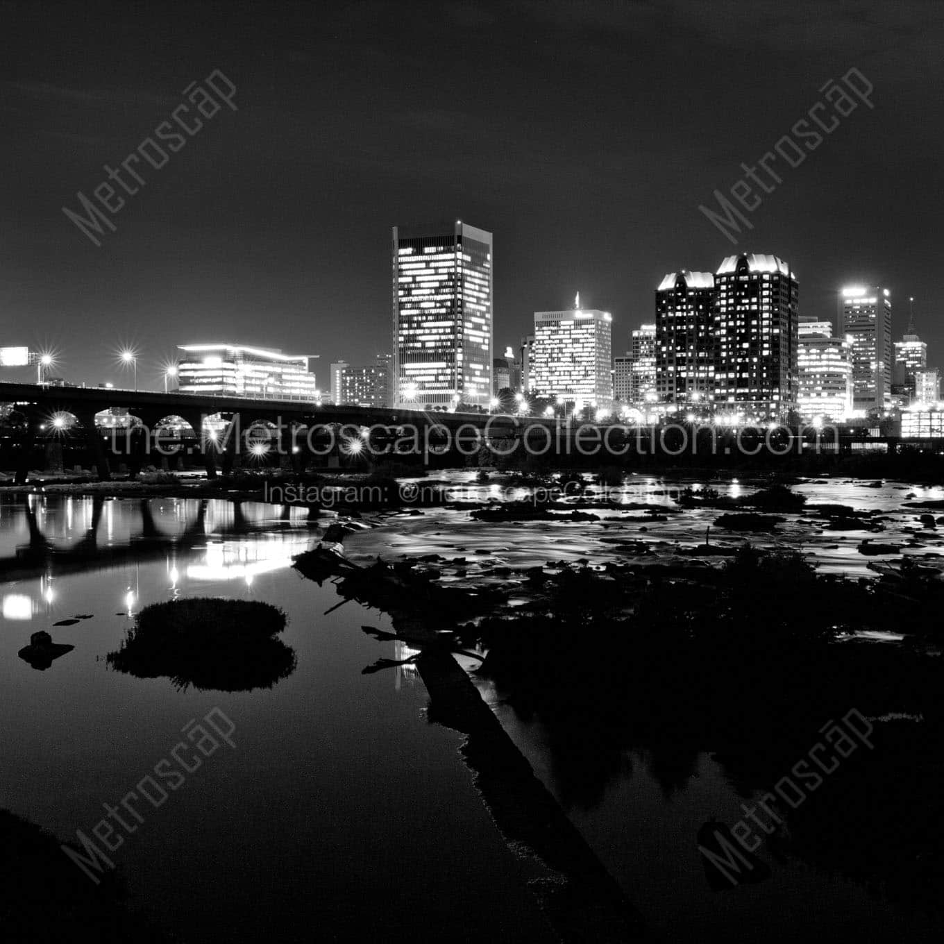 richmond va city skyline at night Black & White Wall Art